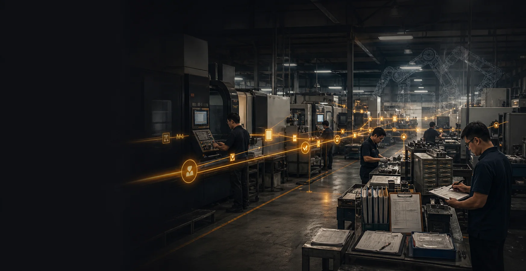 Traditional factory operators connected by a governed task and event layer, with future robotic arms shown as distant blueprints